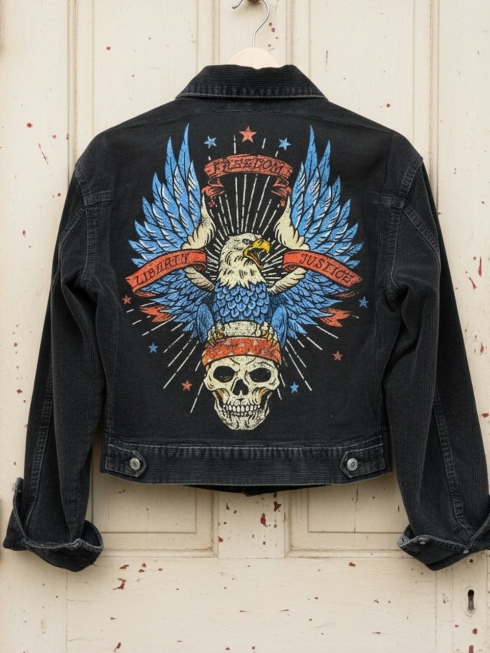 Biker Skull Freedom Justice Liberty Eagle Patriotic Upcycled Corduroy Jacket